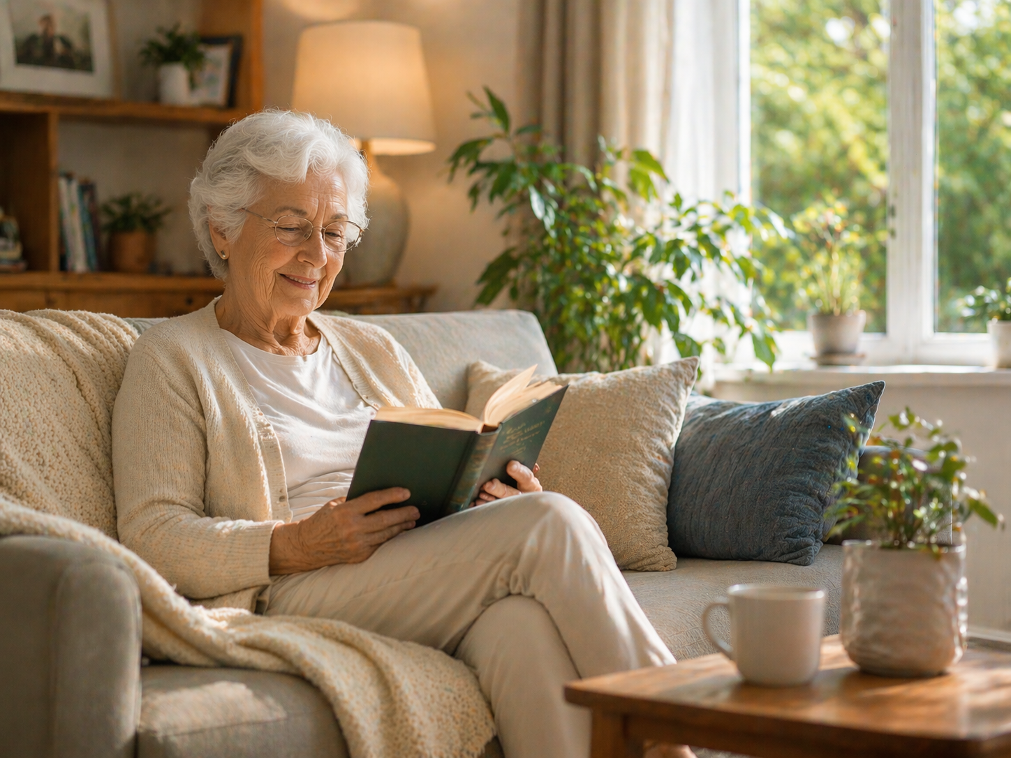 Elderly person reading at home safely